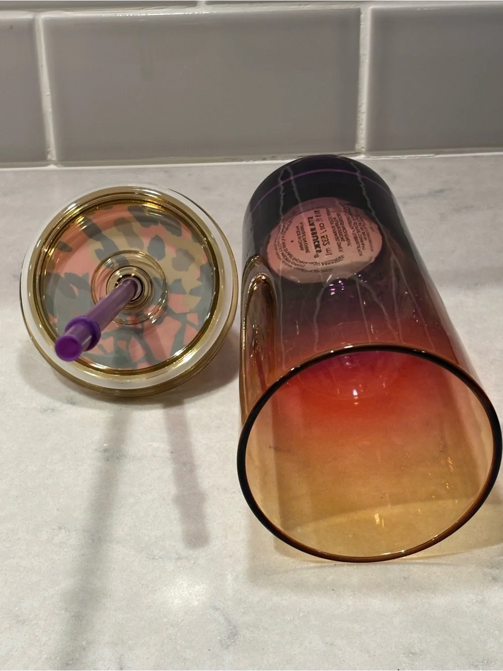 Starbucks 2021 Sunset Ombre 18 oz glass Cup with Leopard Lid and Purple straw
